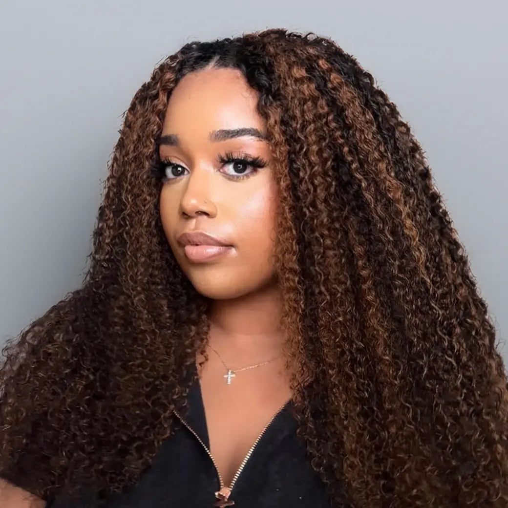 Beme Glueless ReadyWear 13x4 Brown Highlights Jerry Curly Wig 100% Human Hair