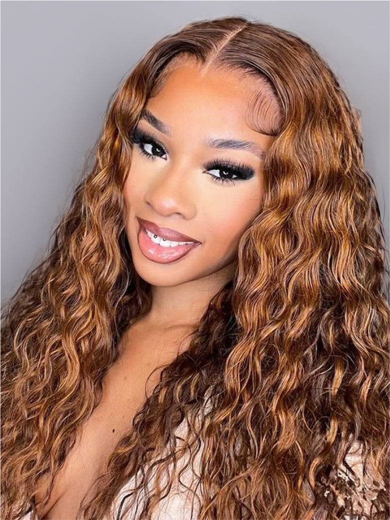 Beme Pre everything 7x5 Brown Highlights Water Wave Wig With 100% Human Hair