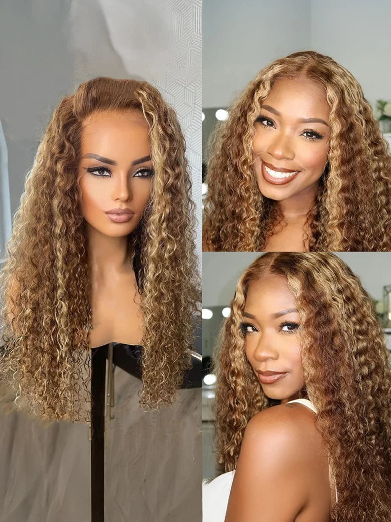 Beme 13x4 Glueless ReadyWear MultiLace Blonde Highlights Jerry Curly Wig 100% Human Hair Real Ear To Ear With Invisi Drawstring Wig Lace Fit Better