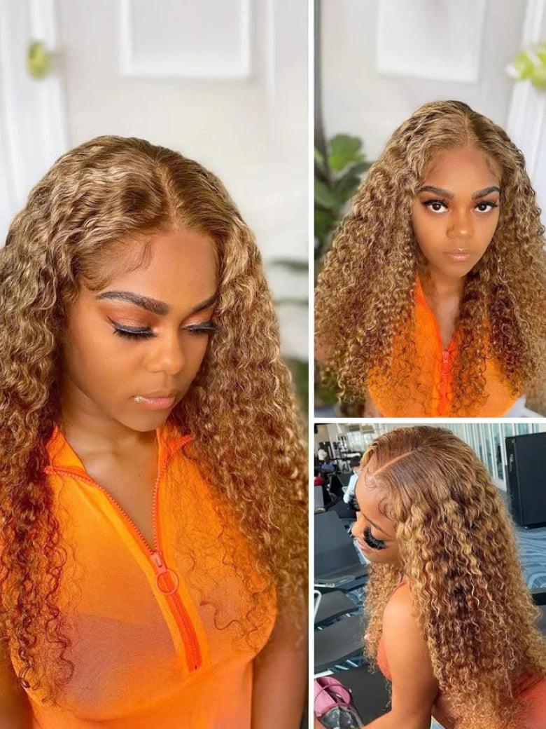 Beme 13x4 Glueless ReadyWear MultiLace Blonde Highlights Jerry Curly Wig 100% Human Hair Real Ear To Ear With Invisi Drawstring Wig Lace Fit Better