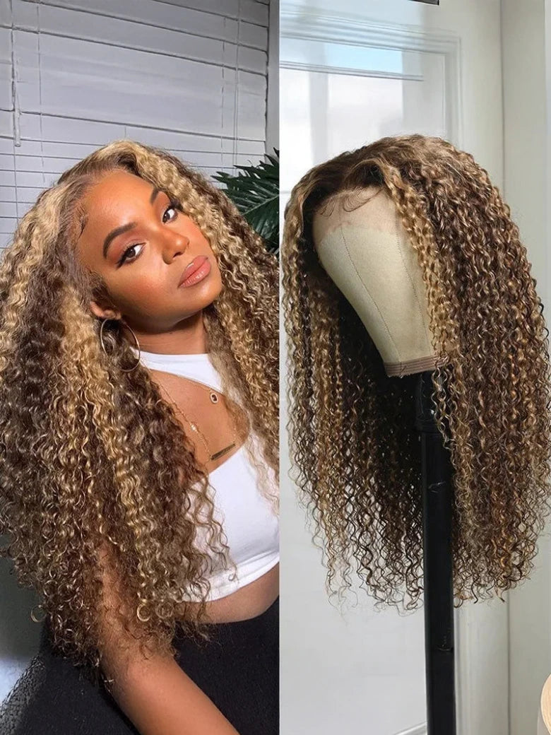 Beme 13x4 Glueless ReadyWear MultiLace Blonde Highlights Jerry Curly Wig 100% Human Hair Real Ear To Ear With Invisi Drawstring Wig Lace Fit Better