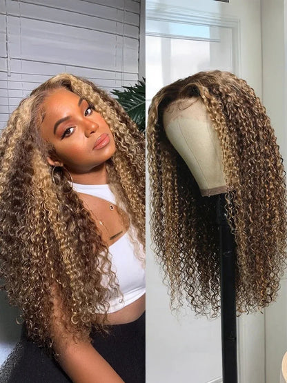 Beme 13x4 Glueless ReadyWear MultiLace Blonde Highlights Jerry Curly Wig 100% Human Hair Real Ear To Ear With Invisi Drawstring Wig Lace Fit Better