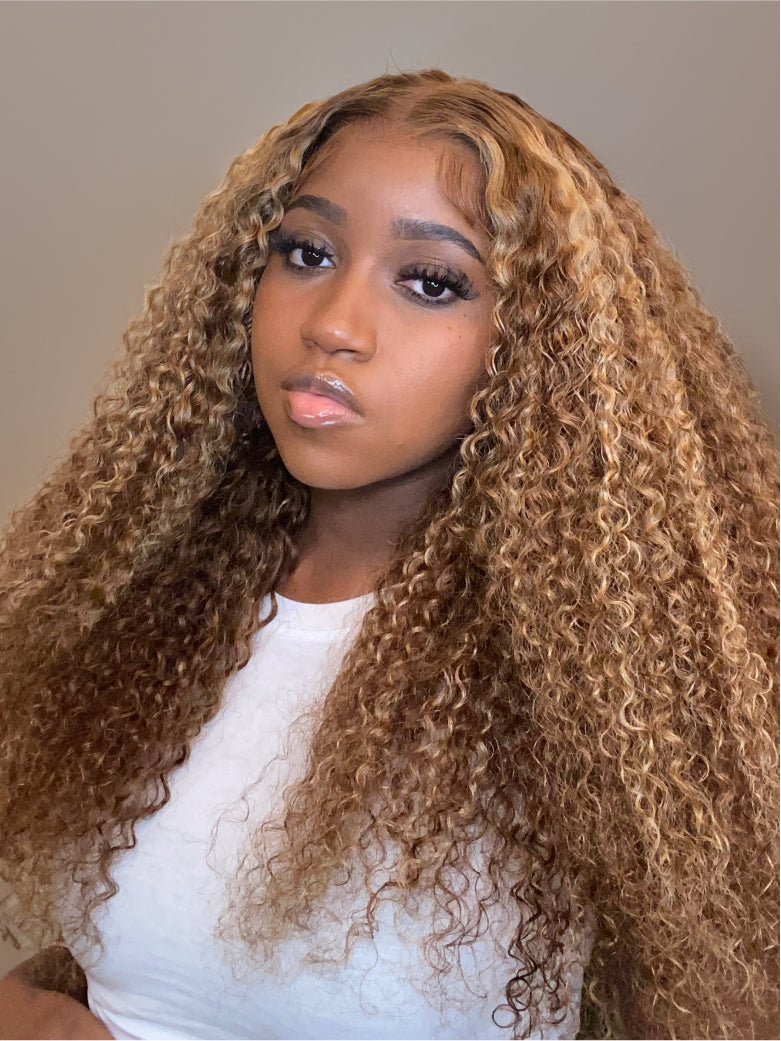 Beme Pre everything x5 Brown & Highlight & Burgundy Jerry Curly Wig With 100% Human Hair