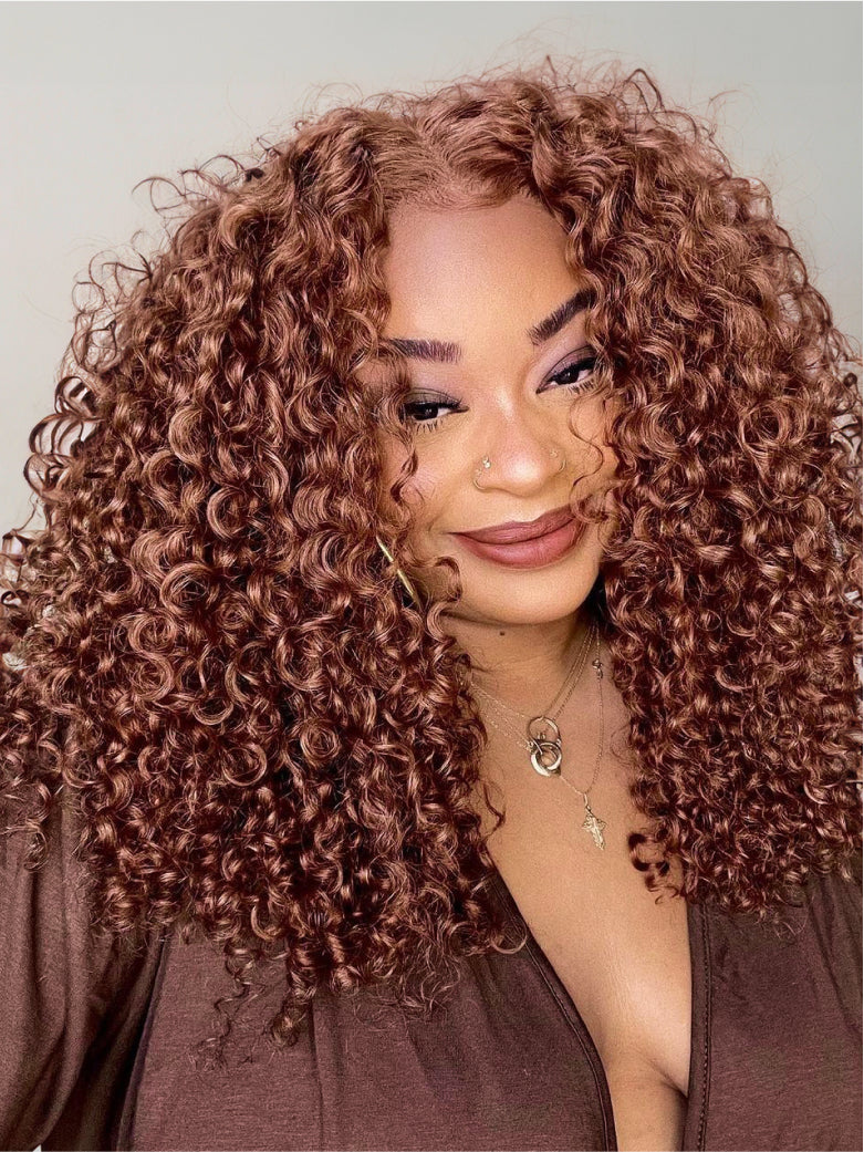 Beme Pre everything 7x5 Brown & Highlights & Burgundy Jerry Curly Wig With 100% Human Hair