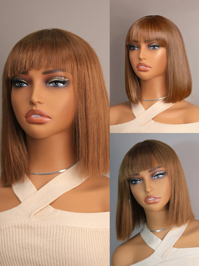 Beme Put On and Go Realistic Glueless Straight Bob with Bangs Wig 100% Human Hair