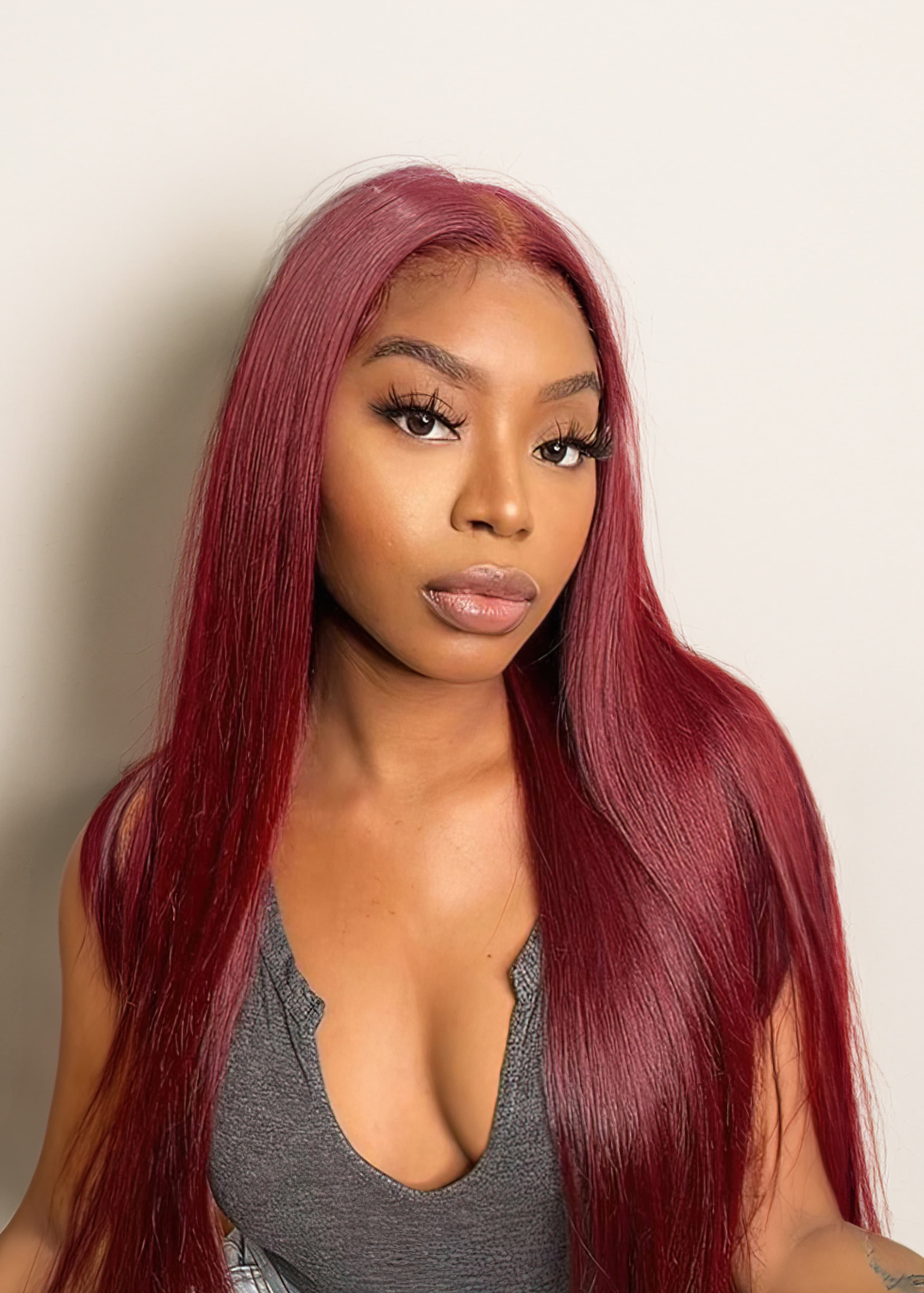 Beme 3x0.5 T Mid Part Burgundy & Highlight & Ginger Straight Wig With 100% Human Hair