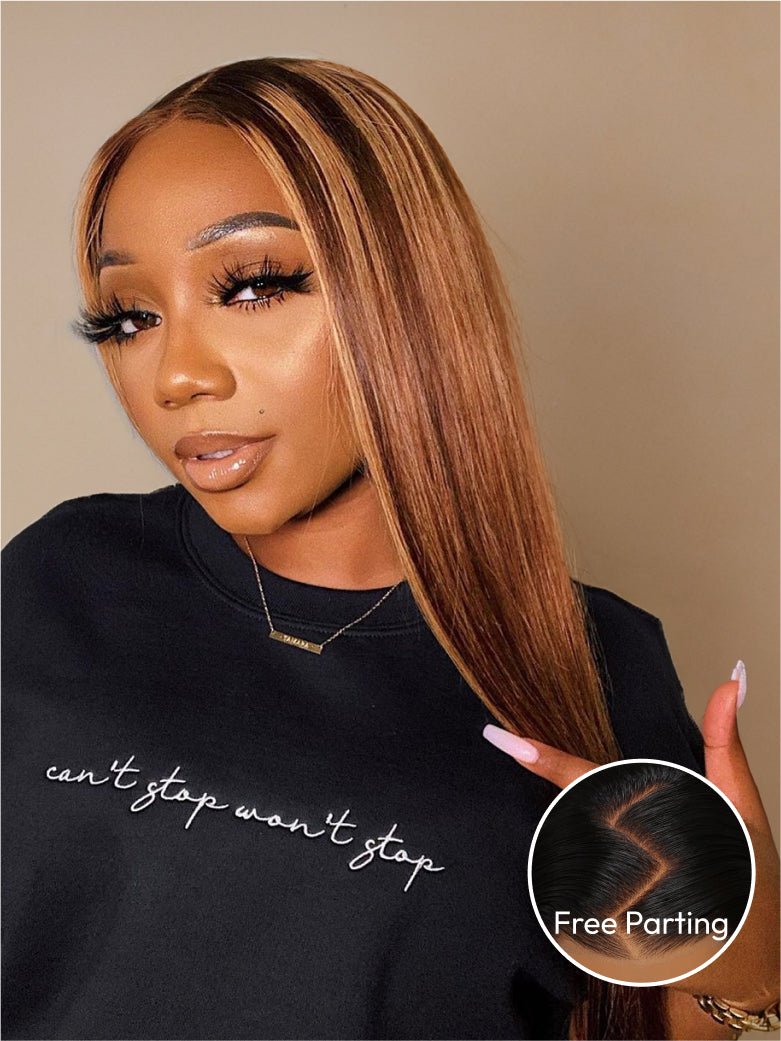 Beme Glueluess Plus 13x4  Blonde Highlight & Burgundy Straight Wig With 100% Human Hair