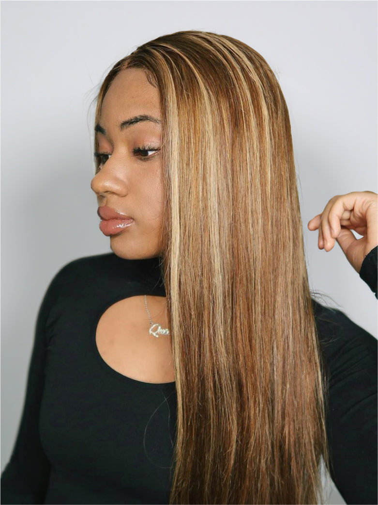 Beme Glueluess Plus 13x4  Blonde Highlight & Burgundy Straight Wig With 100% Human Hair