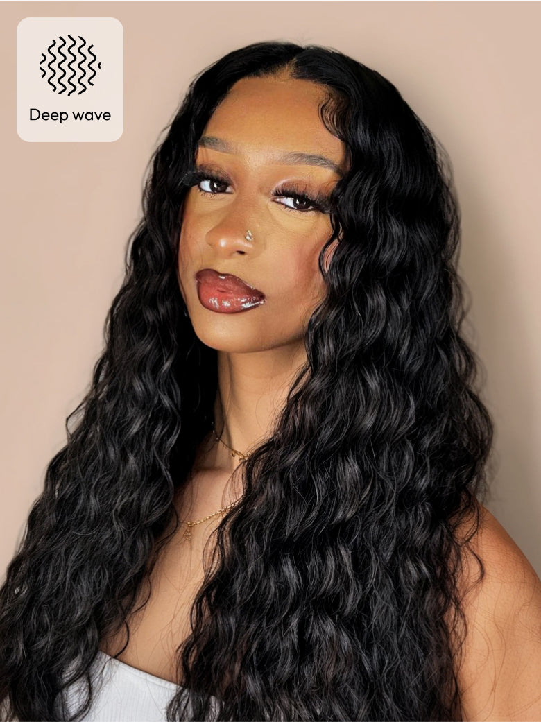 Beme 13x0.5 T Mid Part Black Water&Deep Wave Wig With 100% Human Hair