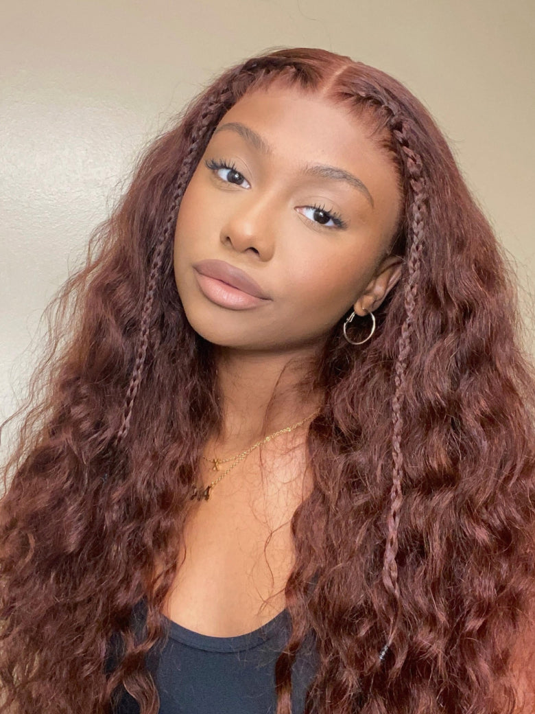 Beme 13x0.5 T Mid Part Reddish Brown&Highlight&Ginger Water Wave Wig With 100% Human Hair