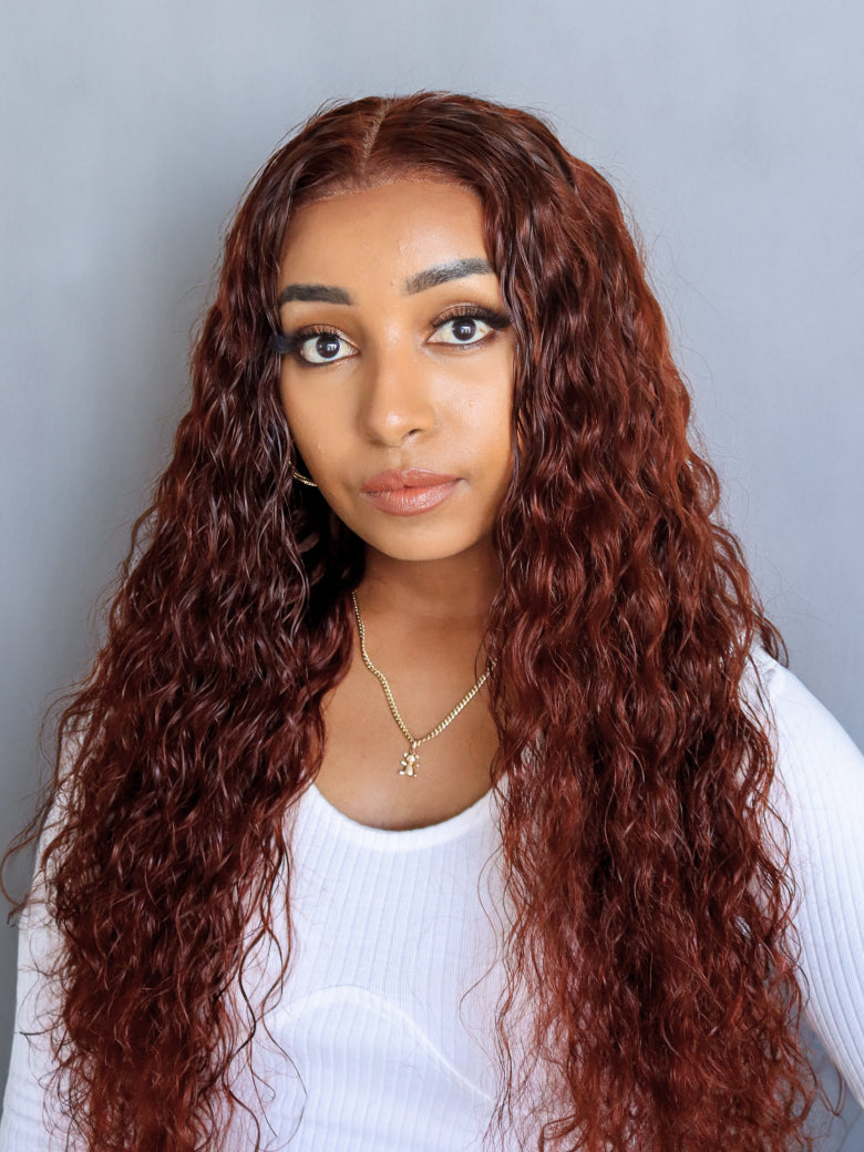 Beme 13x0.5 T Mid Part Reddish Brown&Highlight&Ginger Water Wave Wig With 100% Human Hair